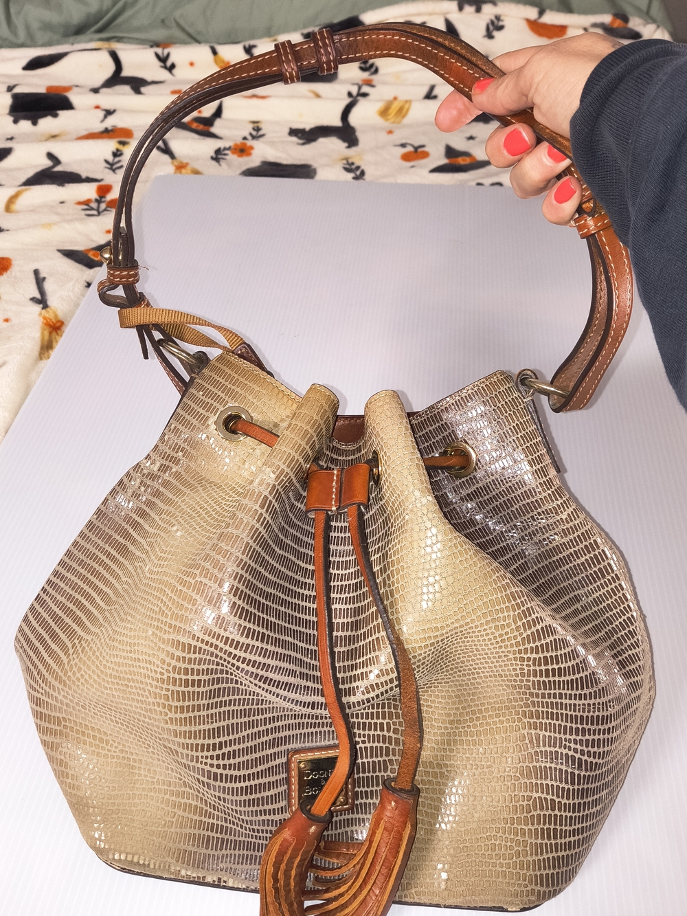 Dooney & Bourke Vintage Lizard Embossed Drawstring Bucket Bag